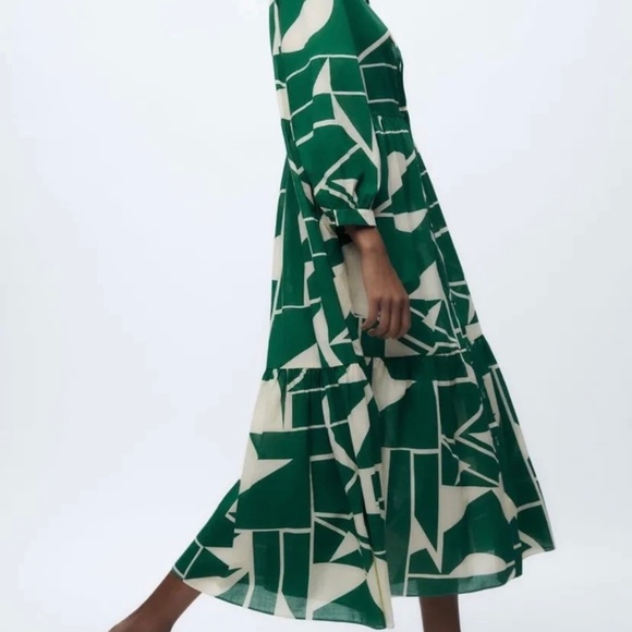 Zara Green and Cream Geometric Pattern Midi Dress - Picture 3 of 7